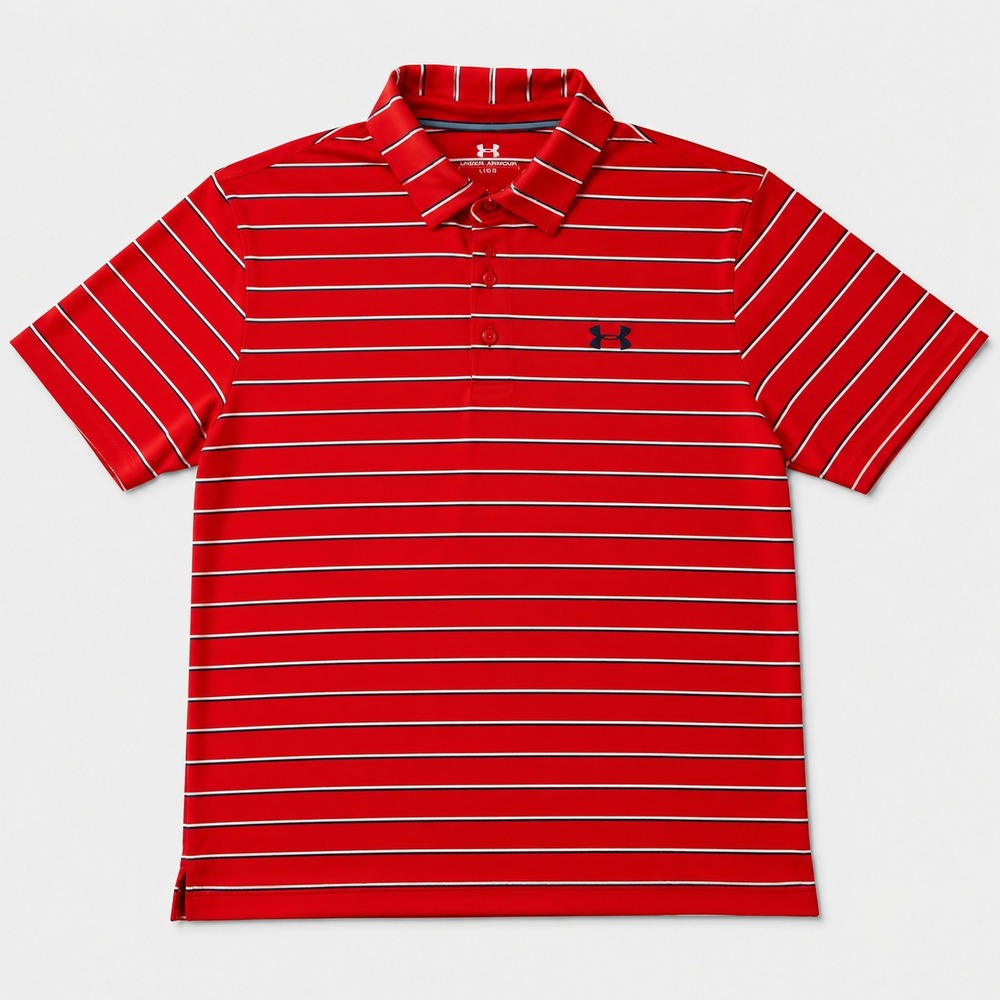 Under Armour HeatGear Polo Shirt Mens L Red Striped Loose Golf Performance